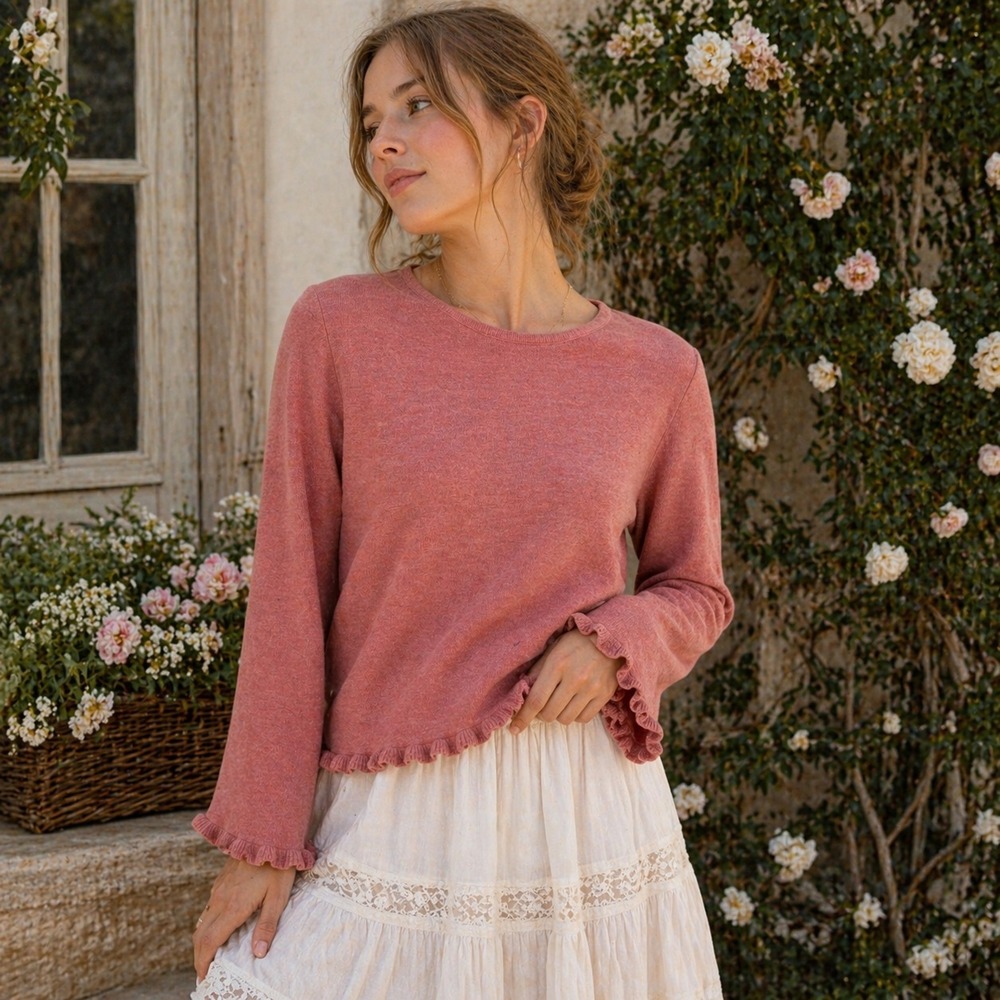 La Vila Milano Lightweight Knit Sweater Sz XS Pink Ruffle Hem Cottage Fairy Boho